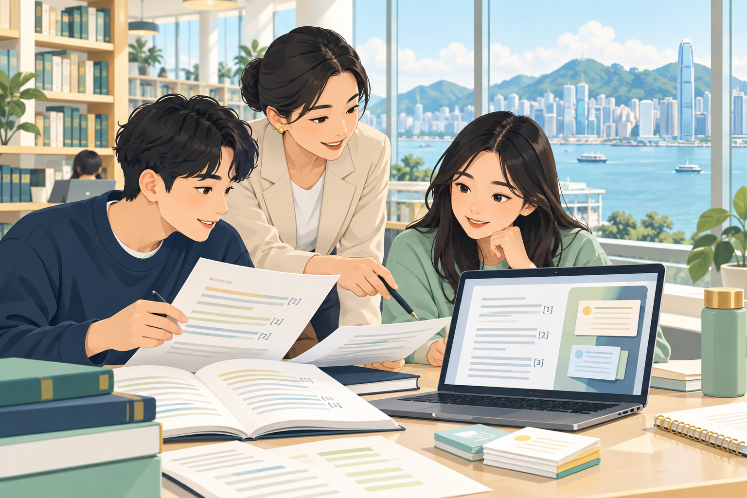 大學生對照課堂講義、資料引用與數字閃卡的編輯插圖，非香港科技大學實拍照片