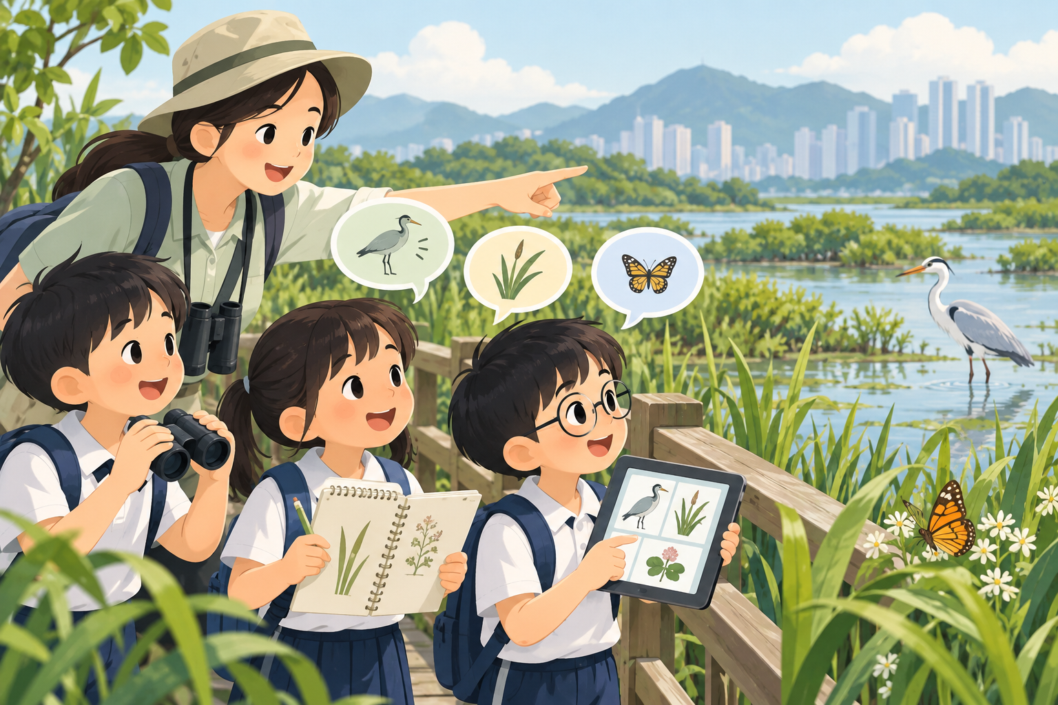 小學生在濕地觀察並運用平板及筆記學習的編輯插圖，非金錢村何東學校實拍照片