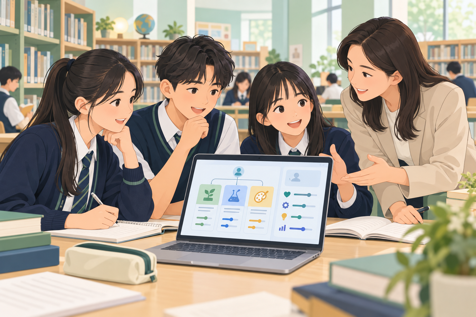 中學生向教師介紹選科輔助系統原型的編輯插圖，非嶺南衡怡紀念中學實拍照片