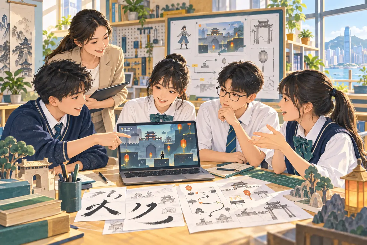 中學生把傳統文化素材轉化為AI輔助遊戲場景及關卡的示意圖